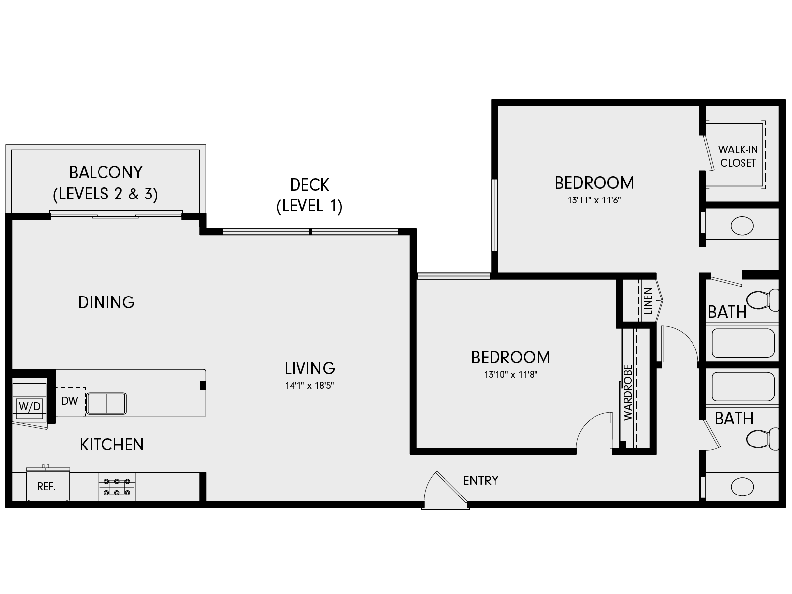 Floor plan for 2 beds, 2 baths, 1174 sqft